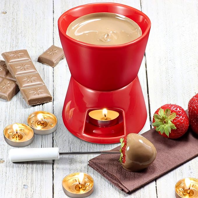 Mudder Fondue Mug Ceramic Pot and 8 Pieces Forks for Melting Chocolate, Cheese, Broth Or Tapas On Valentine‘s Day(Red and White)