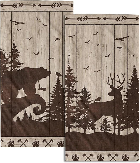 Imiss Cabin Bear Hand Towels Wildlife Forest Moose Deer Bathroom Towels Rustic Farmhouse Decorative Face Guest Washcloth Set of 2 for Home, Kitchen, Gym, Spa