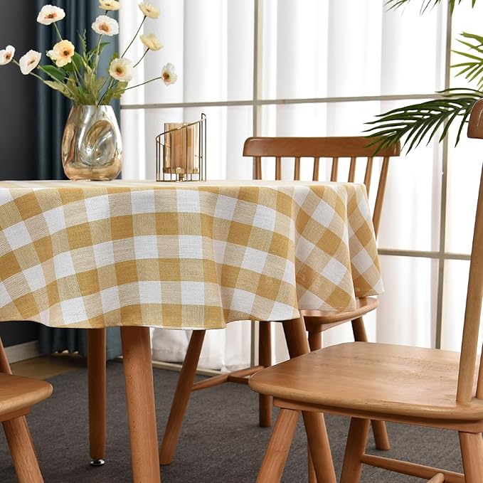 Gingham Table Cloth for Round Tables Yellow Checkered Plaid Tablecloth Heavy Duty Cotton Blend Washable & Wrinkle Table Cover for Outdoor Kitchen Dining Picnic Camping (53 inch Diameter)
