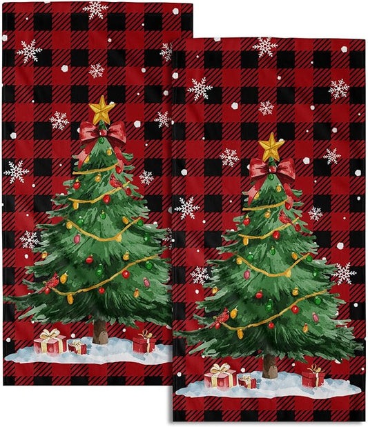 Watercolor Green Xmas Tree Hand Towels Set of 2 Christmas Bells Snowflakes Kitchen Towel Dish Towels 14.4 x 28.3 Inch Buffalo Plaid Decorative Fingertip Towel for Winter Holiday Housewarming Gifts