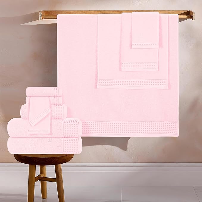 GLAMBURG Towels for Bathroom, 100% Cotton Towel Set, Contains 8 Soft Bath Towel, 8 Hand Towels, 8 Wash Cloths - Compact Absorbent Lightweight & Quickdry - 24 Piece Bathroom Towel Set - Pink