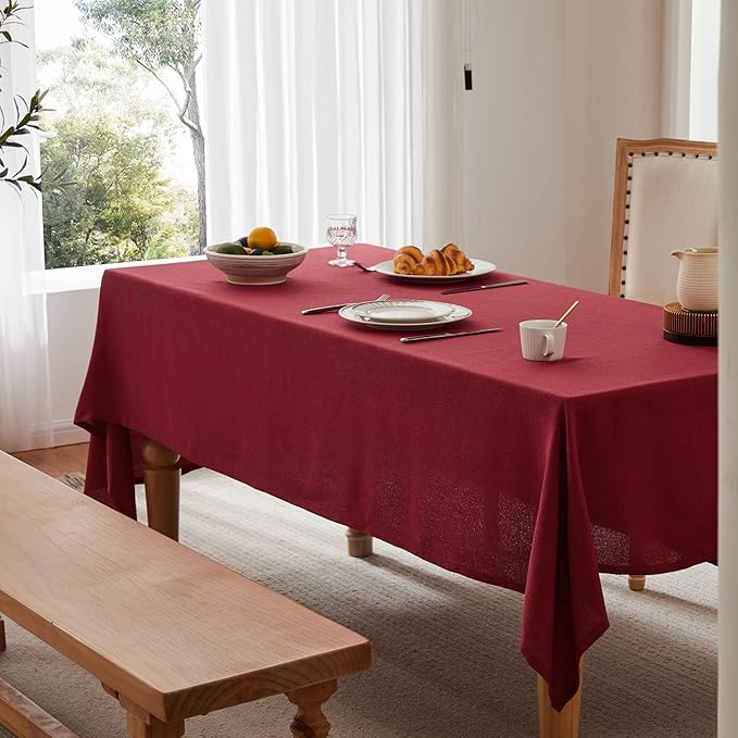 Linen Tablecloth for Square Table, 52x52 Inch Burgundy, Farmhouse Style Red Tablecloth, Water Resistant Burlap Tablecloths for Dining Table Farmhouse Kitchen