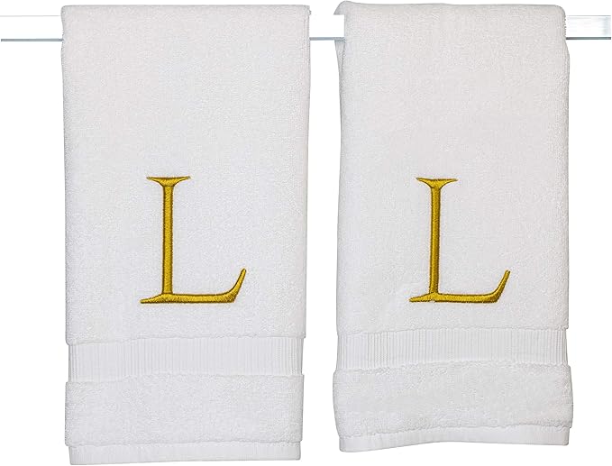 Monogrammed Hand Towels for Bathroom - Luxury Hotel Quality Personalized Initial Decorative Embroidered Bath Towel for Powder Room, Spa - GOTS Organic Certified - Set of 2 Gold Letter L