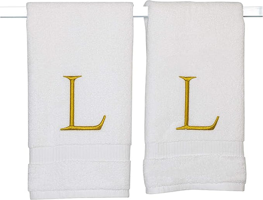 Monogrammed Hand Towels for Bathroom - Luxury Hotel Quality Personalized Initial Decorative Embroidered Bath Towel for Powder Room, Spa - GOTS Organic Certified - Set of 2 Gold Letter L