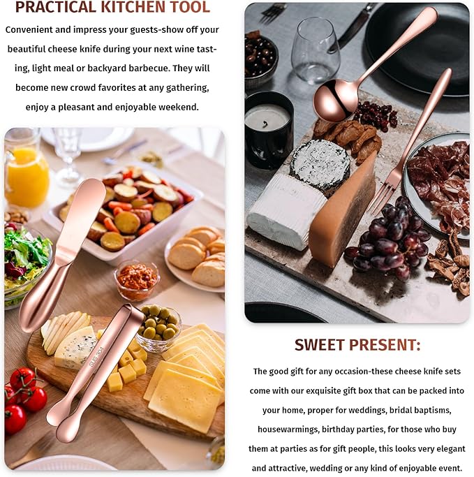 14 Pieces Charcuterie Board Accessories Cheese Spreader Knives Set Stainless Steel Charcuterie Utensils Spreader Knives Mini Serving Tongs Spoons and Forks for Cheese and Pastry Making (Rose Gold)