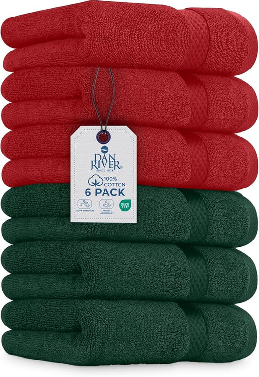DAN RIVER 6-Pack Premium Christmas Hand Towels (16x28 Inches) - 100% Cotton, Ultra Soft, Lightweight, Highly Absorbent Towels for Bathroom, Gym, Salon, Hotel, and Travel - 550 GSM - Red & Green Combo