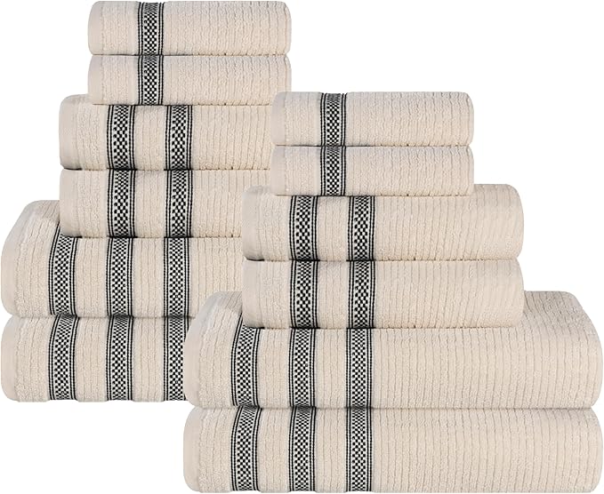 Superior Cotton 12-Piece Towel Set, Zero Twist, Ribbed Geometric, Bathroom Essentials, Shower, Spa, Luxury Plush Soft Absorbent Towels, Includes 4 Bath, 4 Hand, 4 Washcloth/Face Towels, Ivory