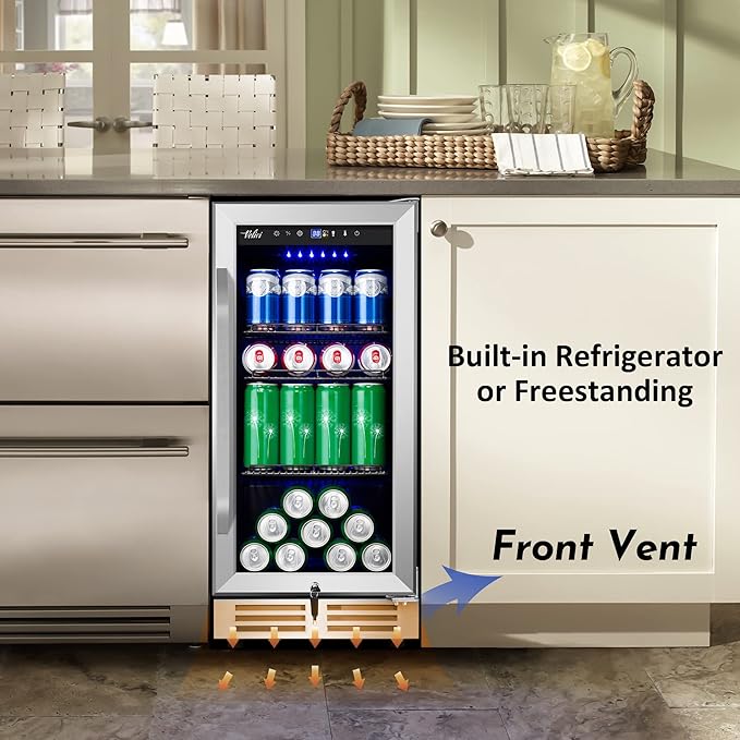 15 Inch Beverage Refrigerator - 125Cans Capacity Drink Cooler Under Counter Mini Fridge with Glass Door, Safety Lock Built-in or Freestanding Refrigerator for Soda, Beer, Wine