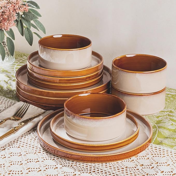 LeRatio Ceramic Dinnerware Sets for 4,Round Reactive Glaze Ceramic Plates and Bowls Set,Highly Chip and Crack Resistant | Dishwasher & Microwave Safe Dishes Set,Service for 4 (12pc)-Kahki