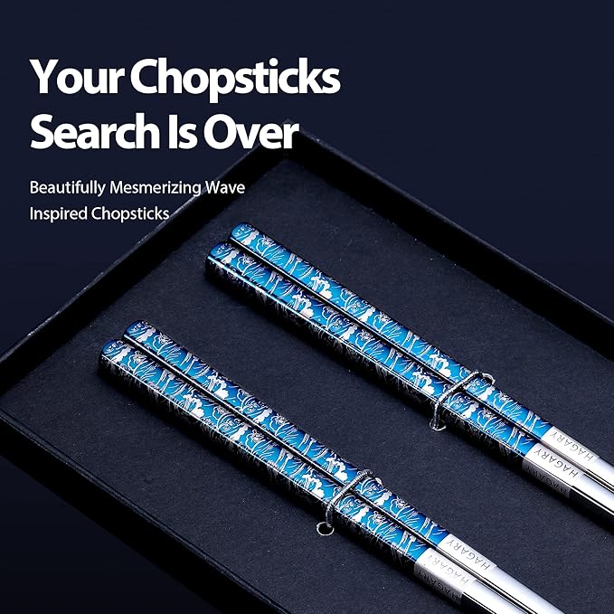 Hagary Blue Wave Chopsticks 2 Pairs Metal Chopsticks Reusable Designed In Korea Japanese Style Stainless Steel 316 18/10 Non-Slip Dishwasher Safe