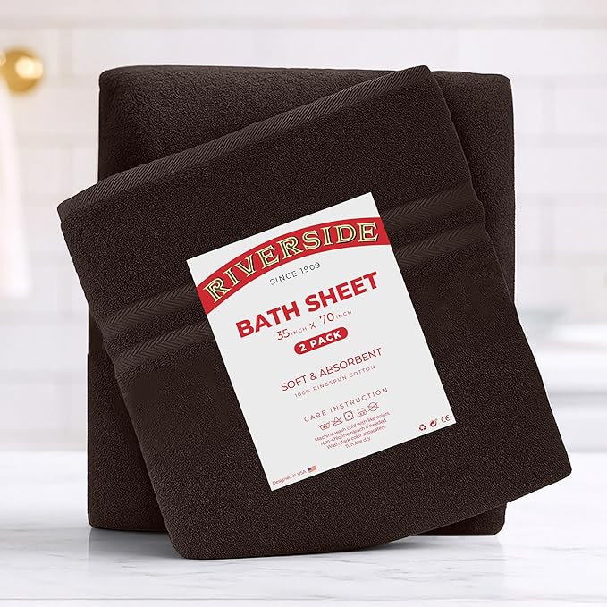 RIVERSIDE Pack of 2 Extra Large Bath Sheets 35 x 70 Inches - 100% Ring Spun Cotton Hotel Quality Oversized Bath Towels - Super Soft, Highly Absorbent & Quicker to Dry - Brown