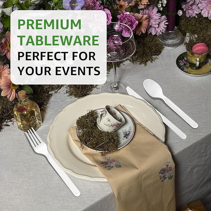 100% Compostable Spoons 180 Count Disposable Spoons Utensils Set Heavy Duty Spoons Silverware Eco Friendly Flatware for Party Camping Picnics Wedding-Ivory White