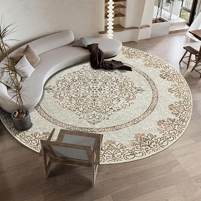 Easy-Going Round Area Rug 3ft Washable Boho Neutral Small Circle Rugs for Living Room Non-Slip Bedroom Rug Low Pile Lightweight Floral Brown Print Vintage Throw Rug for Dining Room Kitchen Office