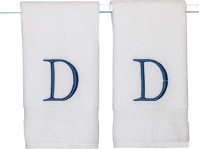 Monogrammed Hand Towels for Bathroom - Luxury Hotel Quality Personalized Initial Decorative Embroidered Bath Towel for Powder Room, Spa - GOTS Organic Certified - Set of 2 Navy Letter D
