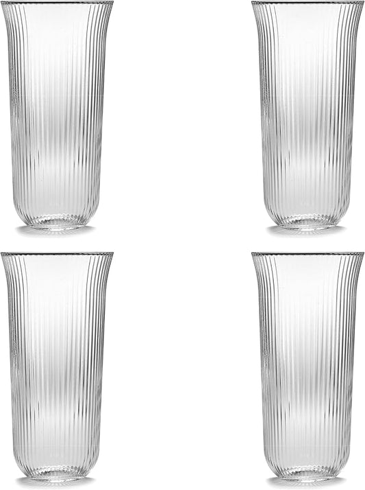 Serax Longdrink Drinking Glasses Set of 4 | Inku Glassware by Sergio Herman | Clear Ribbed Water Glass Cups without Lids | Home Essentials, Kitchen Set | Beer, Juice | Coffee Accessories