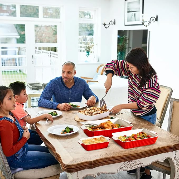 Hasense Casserole Dishes for Oven, Rectangular Baking Dishes Set of 3, Porcelain Lasagna Pans with Handles, Ceramic Baking Pans Set for Cooking, Christmas Party Birthday Gifts, Red(15"/12.2''/8.3'')