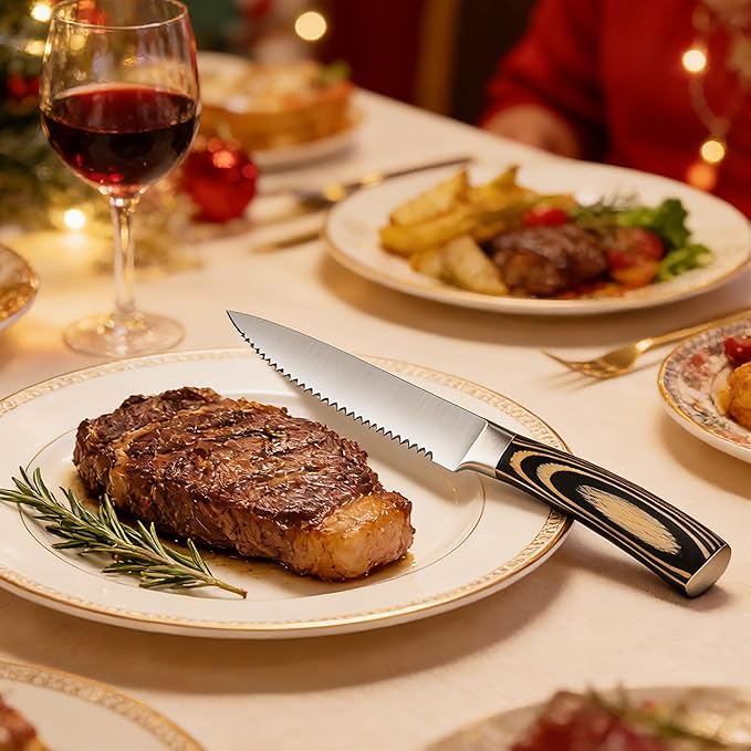 Serrated Steak Knives Set of 8, Stainless Steel Steak Knife Set with Pakkawood Handle, Fine Sharp Edge Dinner Knife with Gift Box, Steak Cutlery Set for Home Party