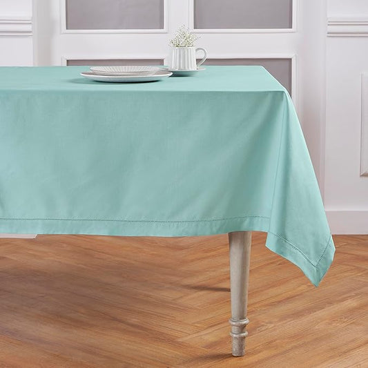 Solino Home Cotton Linen Tablecloth for Rectangle Tables 58 x 120 Inch - Hemstitch Pastel Turquoise Table Cloth - Machine Washable Cloth Tablecloth