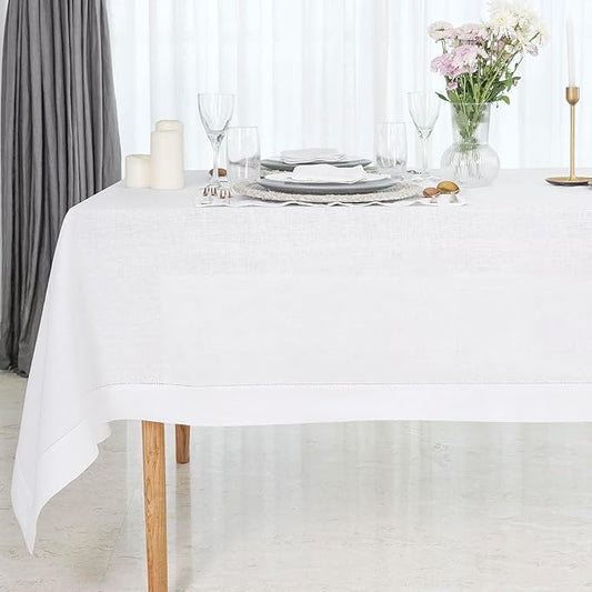 D'Moksha Homes White Linen Tablecloth 60 x 120 Inch - 100% Pure Linen Hemstitch Tablecloth for Rectangle Tables - Classic Hemstitch, Machine Washable Table Cloth for Fall, Autumn and Halloween