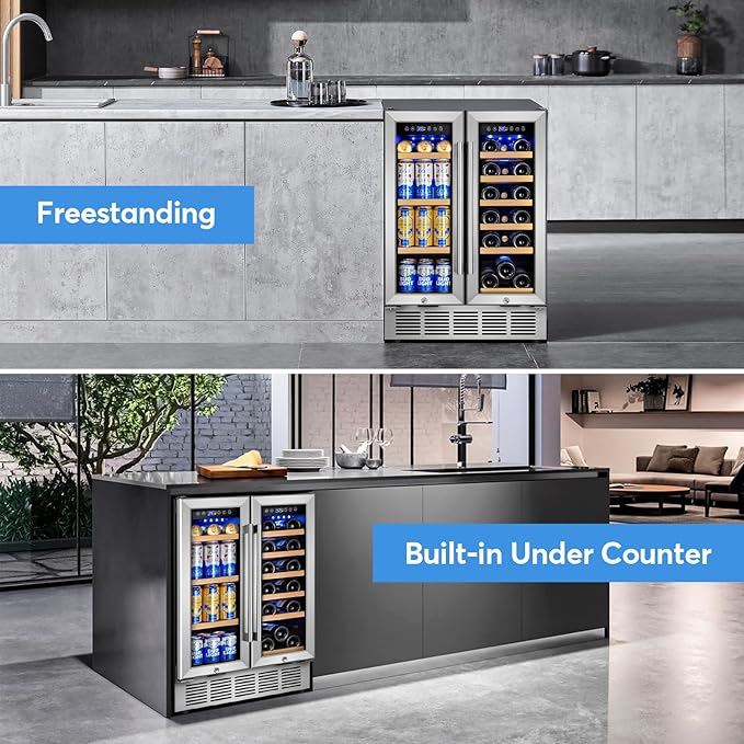 Wine and Beverage Refrigerator with Glass Door, 24-Inch Dual Zone Wine Fridge Under Counter - 18 Bottle and 88 Can Large Capacity Led Blue Light Smart Fast Cooling Wine Cooler