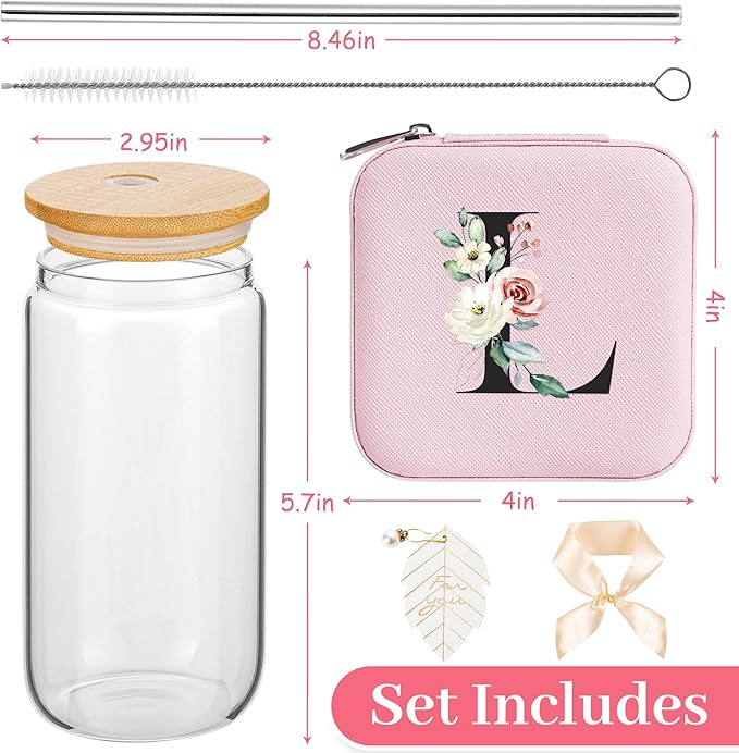 AYGXU Initial Jewelry Storage Set, Personalized Pink L Travel Case with Glass Cup & Bamboo Lid, Bridesmaid Gift