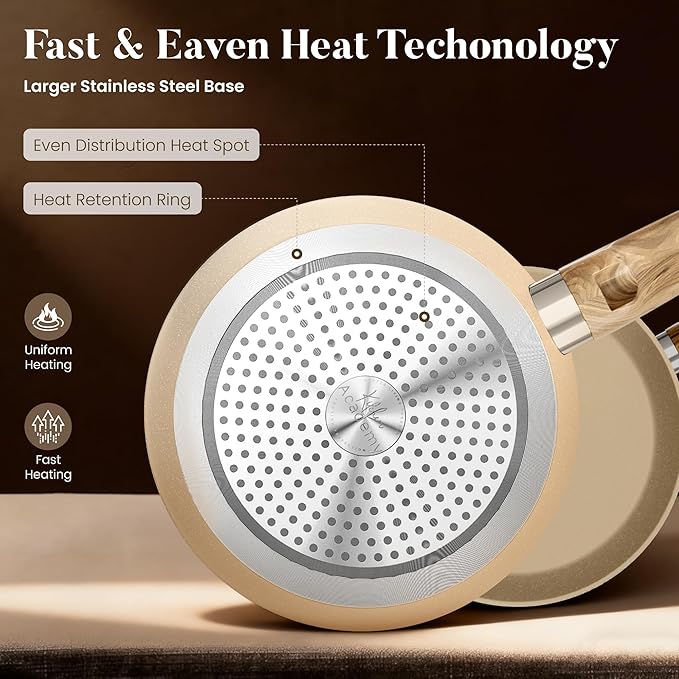 Kitchen Academy Induction Pots and Pans Set Non Stick - 12 Pieces Nonstick Kitchen Cookware Set, Granite Cooking Set Pots and Pans, Beige