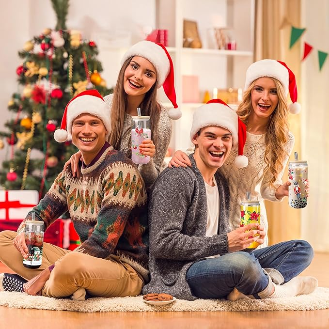 Joeyan Christmas Glass Cups with Lids and Straws,20 oz Iced Coffee Tumbler with Red Cardinals Birds Patterns,Cute Can Shaped Beer Drinking Glasses,Holiday Gifts for Women Mom Friend