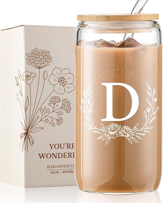 Personalized Gifts for Women, Monogrammed 16oz Glass Cups with Bamboo Lids and Straws, Customized Glass Tumbler, Cute Custom Mug, Customizable Initial Iced Coffee Glasses, Birthday Bridesmaid Mom, D