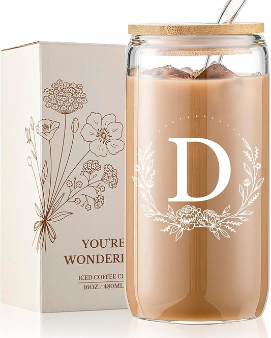 Personalized Gifts for Women, Monogrammed 16oz Glass Cups with Bamboo Lids and Straws, Customized Glass Tumbler, Cute Custom Mug, Customizable Initial Iced Coffee Glasses, Birthday Bridesmaid Mom, D