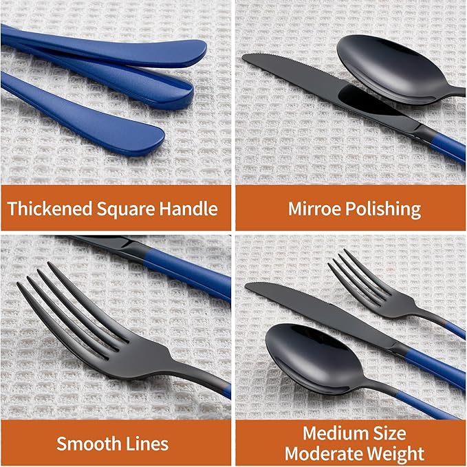 20 Piece Black Blue 18/0 Flatware Utensil Set for 4, Include Dinner Knife,Dinner Forks,Dinner Spoons,Salad Forks,Teaspoons,Silverware Set for 4, Dishwasher Safe