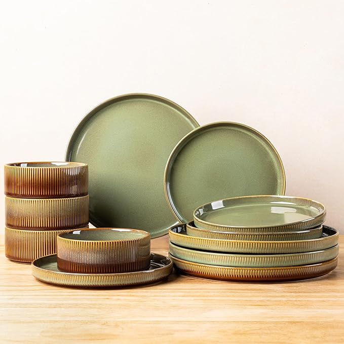 TheTerra Ceramic Dinnerware Sets for 4, 12 Pieces Porcelain Lightweight Plates and Bowls Sets, Scratch Resistant Dish Set, Oven & Microwave & Dishwasher Safe, Sage Umber