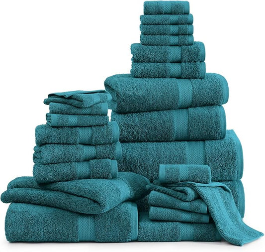 LANE LINEN 100% Cotton Bathroom Towels Set - 24 Piece - Durable, Quick Dry, Soft & Highly Absorbent - 4 Bath, 4 Fingertip, 6 Hand Towel, 8 Washcloths, 2 Bath Sheets - Sustainbly Produced - Sea Port