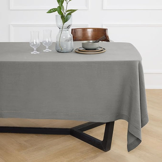 Solino Home Linen Grey Tablecloth 70 x 108 Inch - Sonoma Hemstitch, 100% Pure Linen Rectangular Tablecloth - Machine Washable Table Cloth