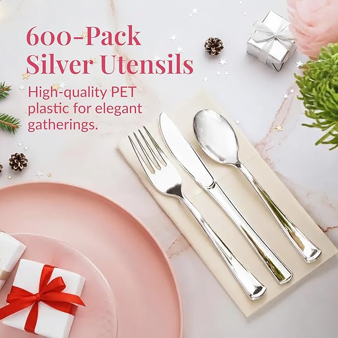 Prestee 600 Piece Plastic Silverware Set - 200 Silver Plastic Forks, Spoons and Knives - Heavy-Duty Utensils - Reusable and Disposable Cutlery Set for Weddings, Thanksgiving, and Christmas Parties