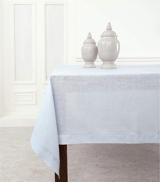 Solino Home Light Blue Linen Tablecloth 60 x 120 Inch - 100% Pure Linen Hemstitch Table Cloth for Rectangle Tables - Classic Hemstitch, Machine Washable Tablecloth for Winter, New Year