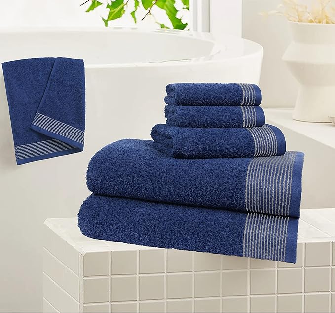 Belizzi Home 100% Cotton Ultra Soft 6 Pack Towel Set, Contains 2 Bath Towels 28x55 inchs, 2 Hand Towels 16x24 inchs & 2 Washcloths 12x12 inchs, Compact Lightweight & Highly Absorbant - Navy Blue