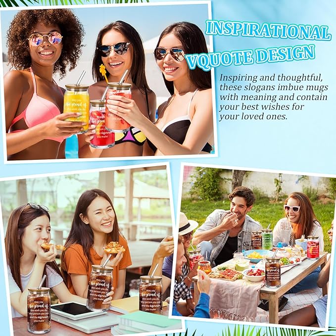 Layhit 12 Set Employee Appreciation Gifts Bulk Thank You Glass Cups for Staff Coworker 16 oz Can Shaped Beer Glass with Lids Straws Brushes Ribbon and Gift Boxes for Women Nurse Teachers Day(Proud)