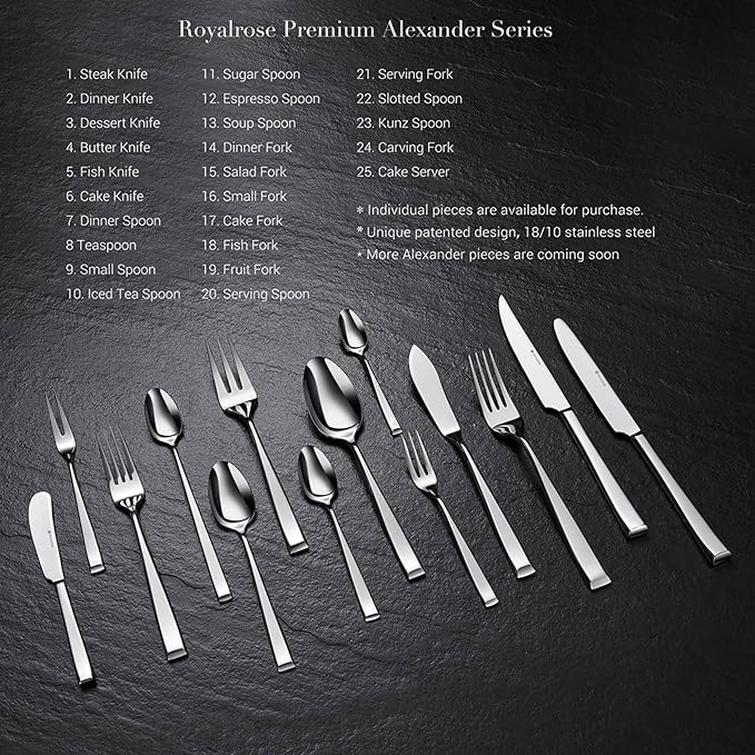 Royalrose Alexander Fine Forks, Set of 4, 18/10 Stainless Steel, Well Made, Dishwasher Safe, Heavy Duty Fork (7.3" Salad Fork)