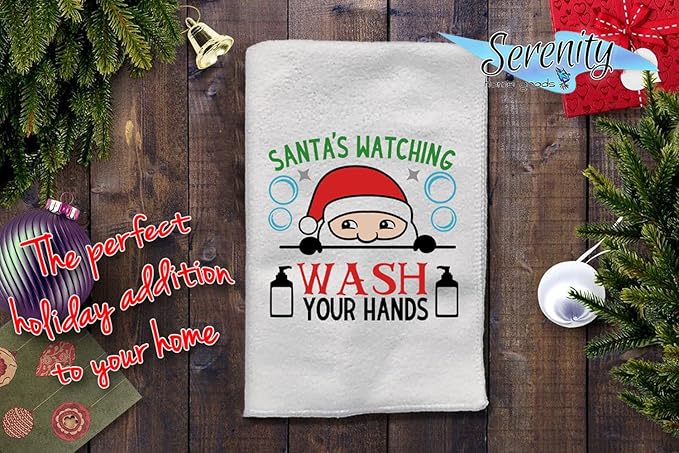 Santa's Watching Hand Towel - Funny Christmas Bathroom Decor - Wash Your Hands Design - 16x24 Inches - 100% Polyester