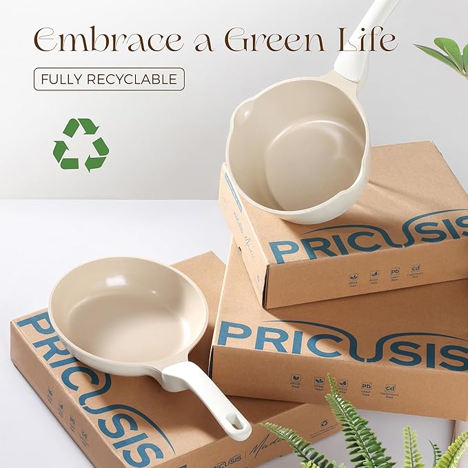 PRICUSIS Ceramic Nonstick Saucepan with Lid, 2.7 Quart Non Toxic Pot with Pour Spouts, Full Coated, 100% Dishwasher Safe, Induction Compatible & Oven Safe, PTFE PFAS & PFOA Free, Coconut White