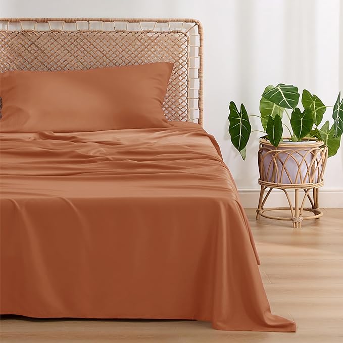 Bedsure Cooling Sheets Twin, Rayon Derived from Bamboo, Breathable & Soft Twin Sheets Set, Deep Pocket Up to 16 Inches, Hotel Luxury Silky Bedding for Hot Sleepers, Burnt Orange