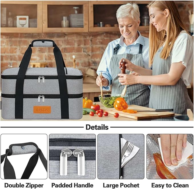 LHZK Double Insulated Casserole Carrier for Hot or Cold Food, Lasagna Holder Tote for Potluck Parties, Beach, Picnic, Travel, Fits 11x15 or 9x13 Dish (Grey)