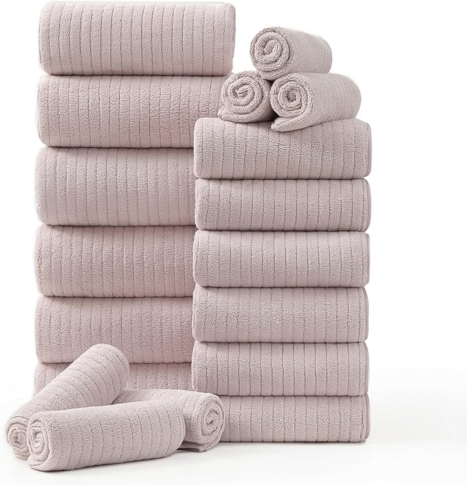 18 Piece Family Bath Towel Set Include 6 Bath Towels,6 Hand Towels and 6 Washcloths Soft Bathroom Towel with Hanging Loops,Highly Absorbent Quick Dry Towels Set for Bathroom,Hotel and Spa-Light Purple