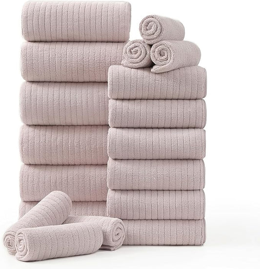 18 Piece Family Bath Towel Set Include 6 Bath Towels,6 Hand Towels and 6 Washcloths Soft Bathroom Towel with Hanging Loops,Highly Absorbent Quick Dry Towels Set for Bathroom,Hotel and Spa-Light Purple