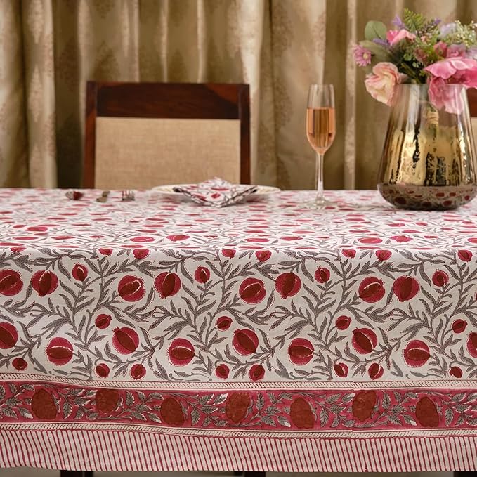 Ridhi -Sangria Red Cotton Tablecloth, Handblock Print Floral Table Cloth for Kitchen Dining Linen I Thanksgiving, Christmas, Wedding, Fall Décor 4 Seater 60x60 Inches Square