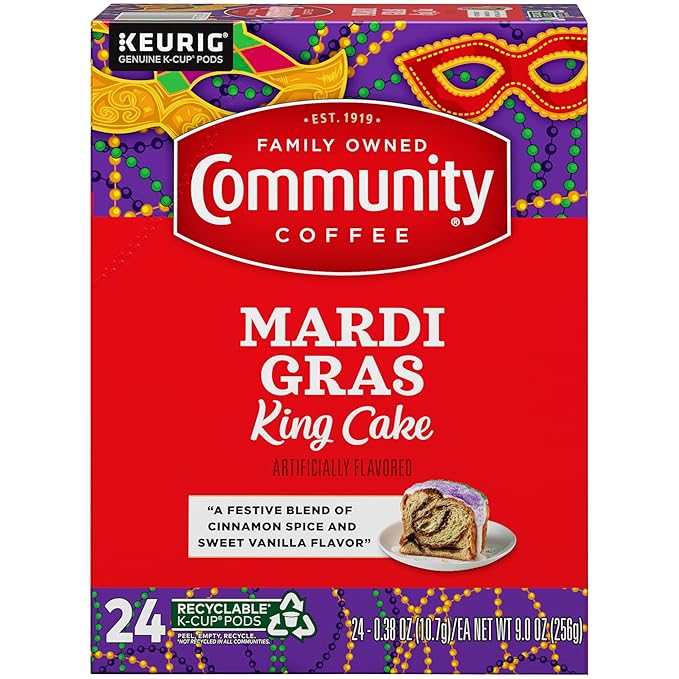 Community Coffee Mardi Gras King Cake Flavored 24 Count Coffee Pods, Medium Roast, Compatible with Keurig 2.0 K-Cup Brewers, 24 Count (Pack of 1)