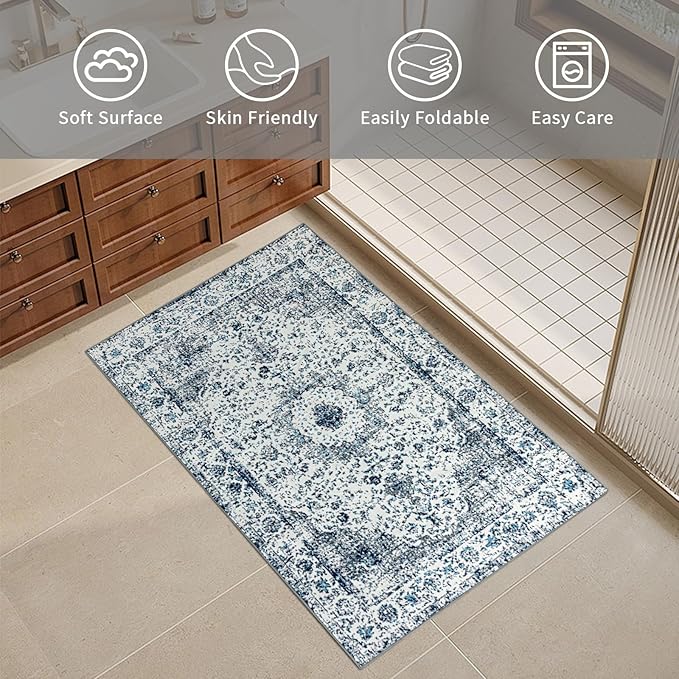 Easy-Going Boho Area Rug 2x3 Washable Entryway Rugs Front Door Mat Indoor Entrance Non-Slip Vintage Small Entry Rug for Living Room Kitchen Bathroom Office Lightweight Carpet, Floral Blue Cream