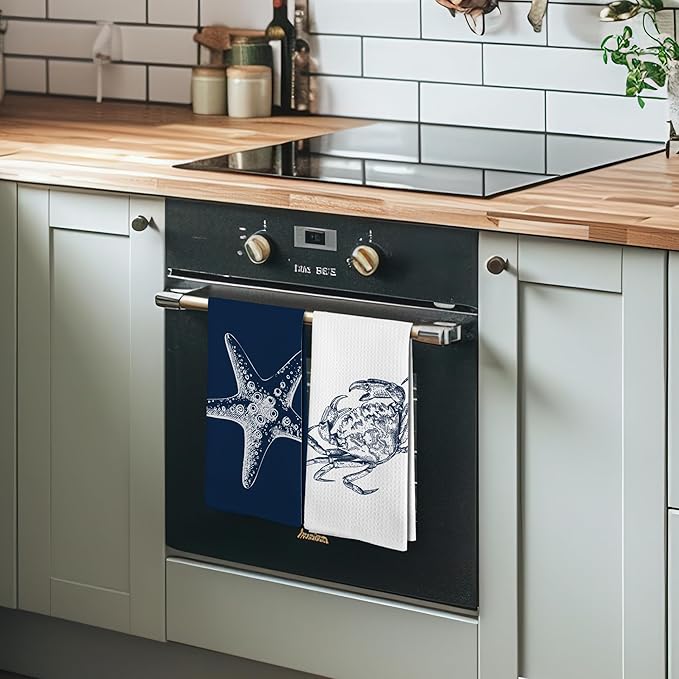 Coastal Blue Crab Starfish Bathroom Hand Towels Sets of 2, Nautical Beachy Ocean Theme Bathroom Decor Accessories, Coastal Beach Navy Blue Decor Kitchen Dish Tea Towels for Kitchen, 16x24Inch