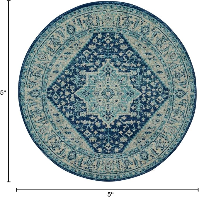 Nourison Home Tranquil Ivory/Navy 5'3" x Area Rug, Distressed, Bed, Living, Dining Room, Kitchen, Easy Cleaning, Non Shedding, (5' Round)
