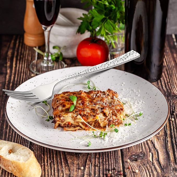 E-far 12-Piece Hammered Dinner Forks Set, 7.9 Inch Stainless Steel Forks for Home, Kitchen or Restaurant, Non-toxic & Mirror Polished, Squared Edge & Dishwasher Safe